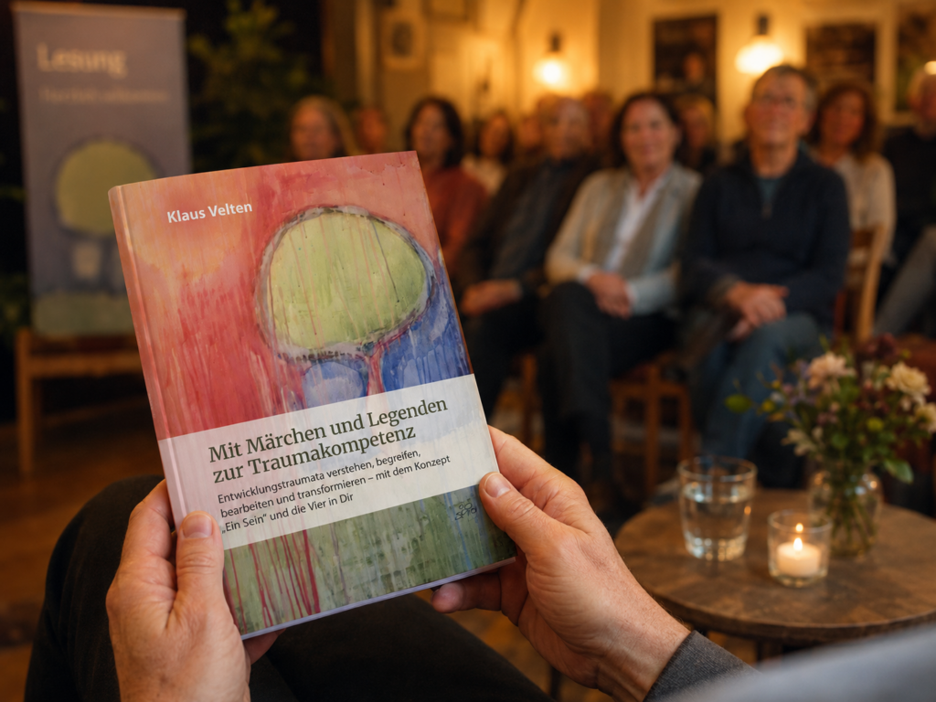 Buch „Mit Märchen und Legenden zur Traumakompetenz“ bei einer Lesung mit Publikum